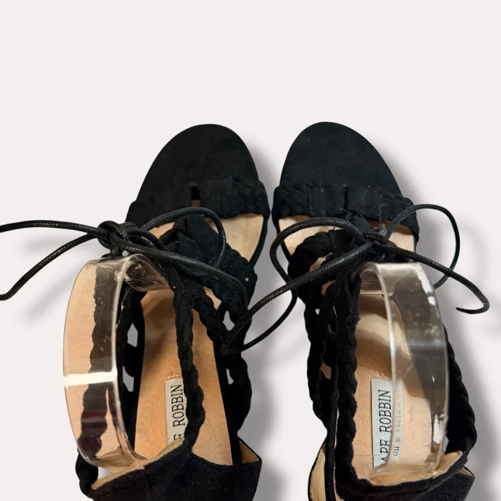 Cape Robbin Black Lace Up Braided Strap Block Heel Sandals Women’s Size 9
